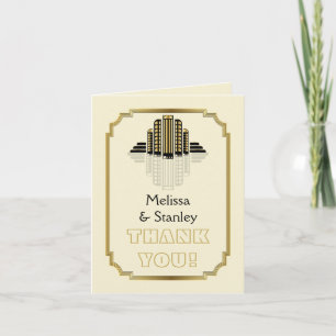 Cartão De Agradecimento Edifícios Art Deco preto, casamento dourado Obriga