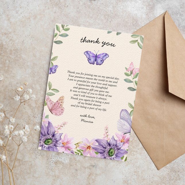Cartão De Agradecimento Ele me dá borboletas no estômago Chá de Noiva de W (He gives her butterflies bridal shower thank you card)