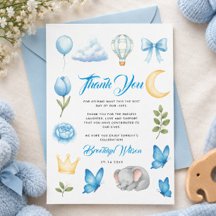 Cartão De Agradecimento Elefante Azul Aquarela Chás de Bebê para Meninos