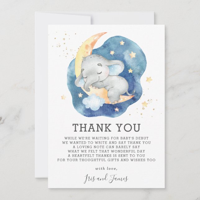Cartão De Agradecimento Elefante Bebê Adormecido Chuva de Estrelas Brilhan (Frente)