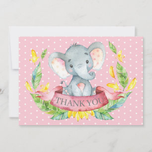 Cartão De Agradecimento Elefante Bebê Menina Fofo Rosa e Cinza