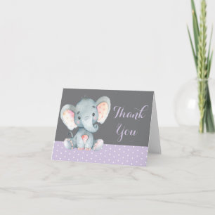 Cartão De Agradecimento Elefante Bebê Menina Fofo Roxo e Cinza