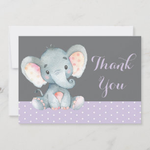 Cartão De Agradecimento Elefante Bebê Menina Fofo Roxo e Cinza