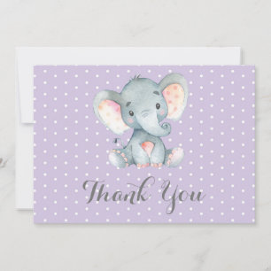 Cartão De Agradecimento Elefante Bebê Menina Fofo Roxo e Cinza