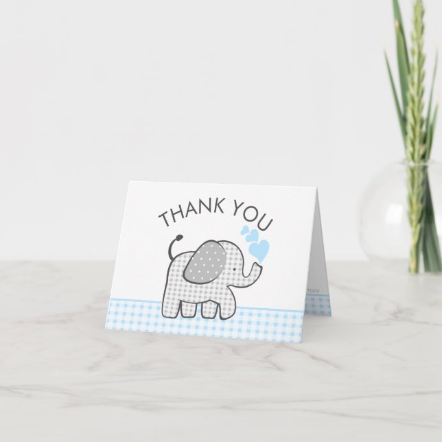 Cartão De Agradecimento Elefante Bebê Obrigado Blue Gingham (Frente)