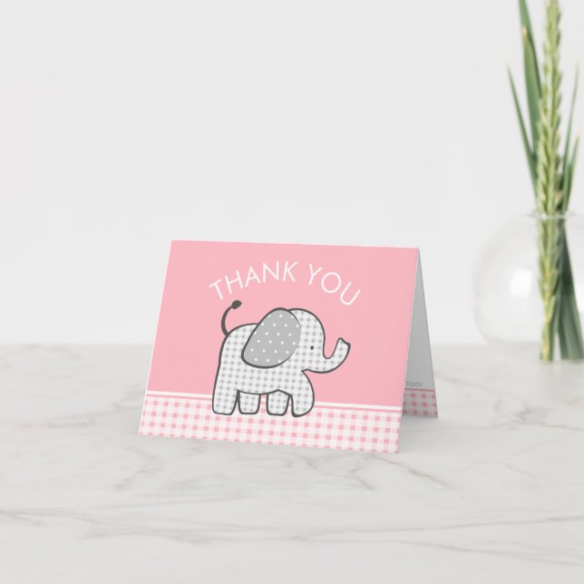 Cartão De Agradecimento Elefante Bebê Obrigado Gingham Rosa (Frente)
