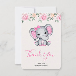 Cartão De Agradecimento Elefante-bebê rosa e borda-Rosa