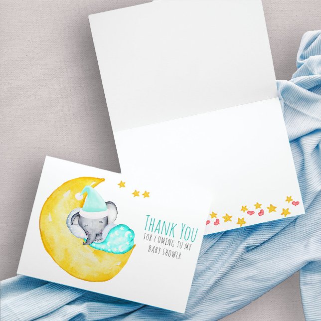 Cartão De Agradecimento Elefante Bonito Dormindo no Chá de fraldas da Lua (Cute baby elephant thank you card)