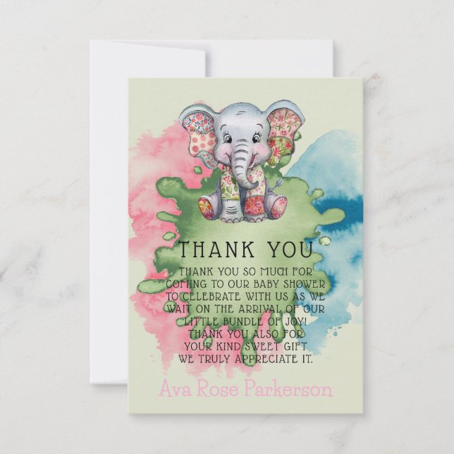 Cartão De Agradecimento Elefante Chic Girl ou Boy Chá de fraldas Obrigado (Frente)