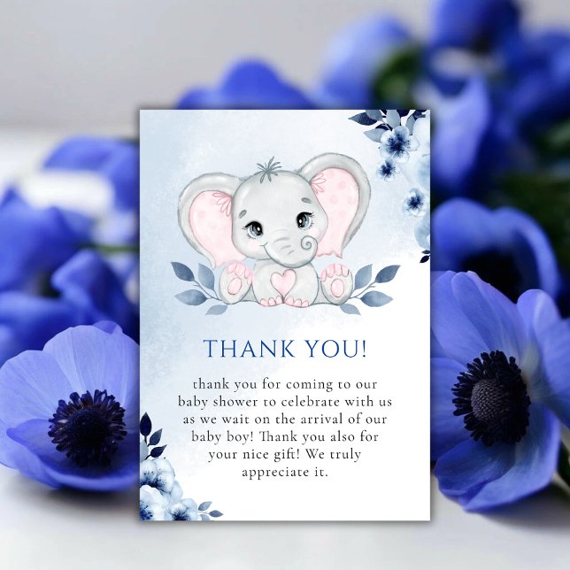 Cartão De Agradecimento Elefante com Chá de fraldas Blue Anemones Boy (Elephant With Blue Anemones Boy Baby Shower Thank You Card)
