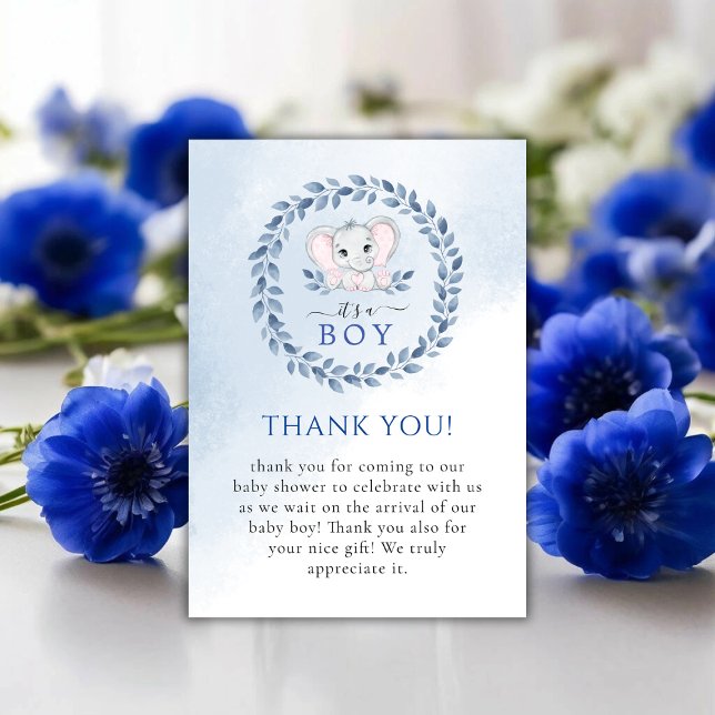 Cartão De Agradecimento Elefante com Chá de fraldas Blue Anemones Boy (Elephant With Blue Anemones Boy Baby Shower Thank You Card)