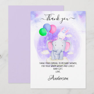 Cartão De Agradecimento Elefante de menina, coelho com Chá de fraldas de b