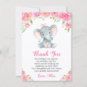 Cartão De Agradecimento Elefante do aniversário da menina cor-de-rosa