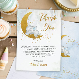 Cartão De Agradecimento Elefante Floral Azul Sobre o Chá de fraldas da Lua