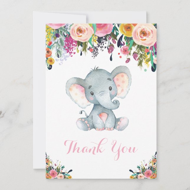 Cartão De Agradecimento Elefante Floral Fofo Bebê Menina Rosa e Cinza (Frente)