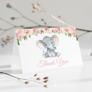 Cartão De Agradecimento Elefante, Flores De Aquarela Rosa, Chá de fraldas