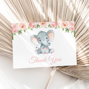 Cartão De Agradecimento Elefante, Flores De Aquarela Rosa, Primeiro Aniver