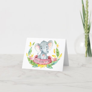 Cartão De Agradecimento Elefante Fofo Bebê Menina Rosa e Cinza