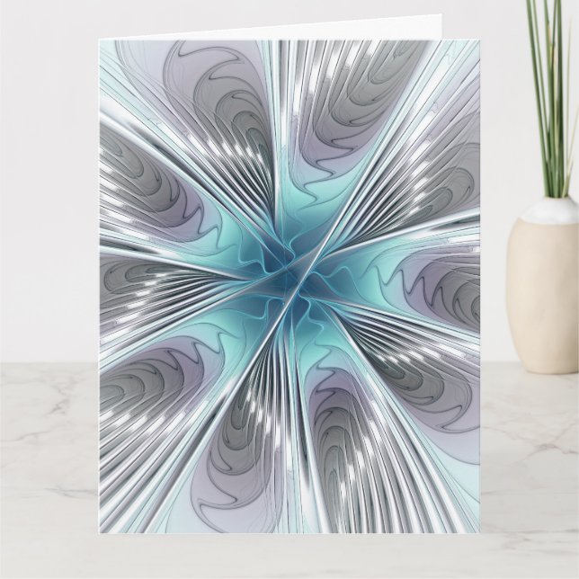 Cartão De Agradecimento Elegance Modern Blue Gray White Fractal Art Flower (Frente)