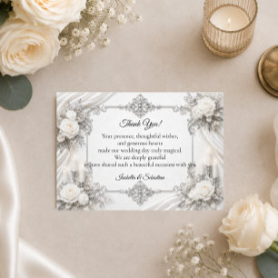 Cartão De Agradecimento Elegância Atemporal de Prata e Marfim Casamento