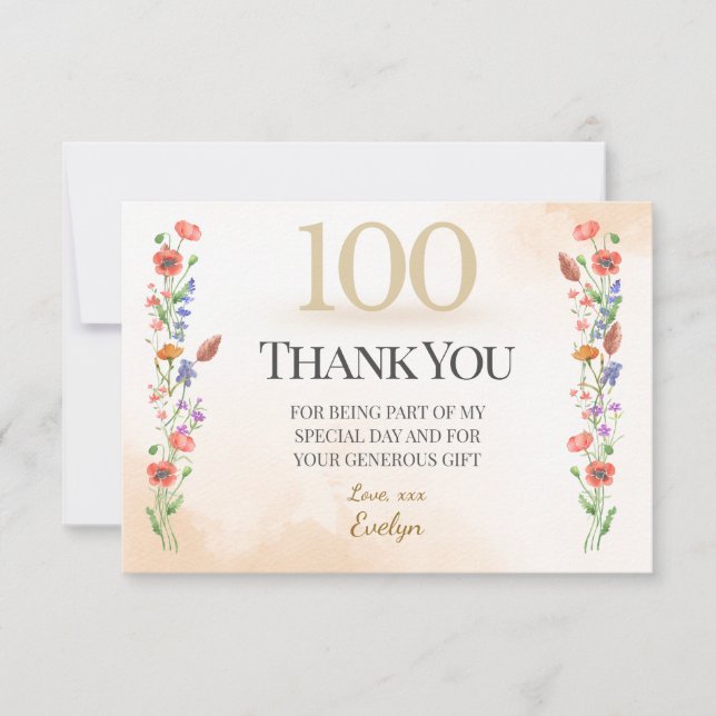 Cartão De Agradecimento Elegant 100th Birthday – Wildflowers Design (Frente)