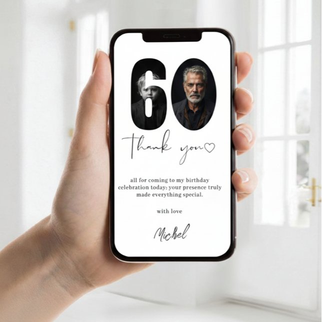 Cartão De Agradecimento Elegant 60th Birthday Photo Thank You Card Persona (Criador carregado)
