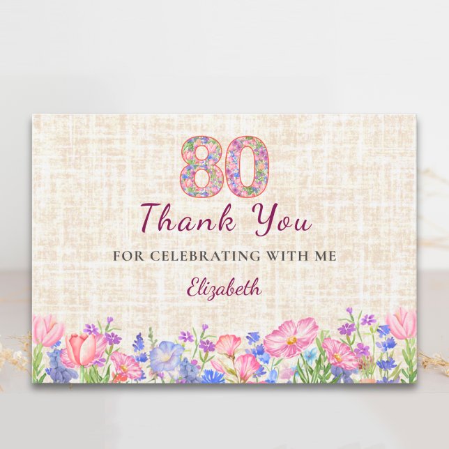 Cartão De Agradecimento Elegant 80th Birthday Thanks for Her - Pink Floral (Criador carregado)