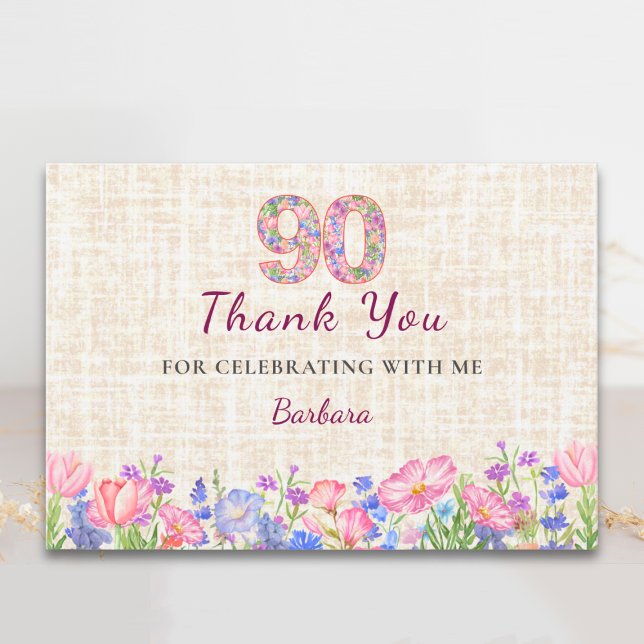 Cartão De Agradecimento Elegant 90th Birthday for Her - Pink Flowers (Criador carregado)