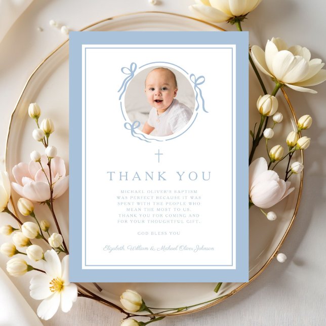 Cartão De Agradecimento Elegant Baby Blue Religious Baptism Photo (Elegant Baby Blue Religious Baptism Photo Thank You Card)
