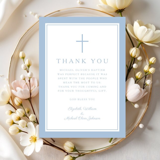 Cartão De Agradecimento Elegant Baby Blue Religious Cross Baptism (Elegant Baby Blue Religious Cross Baptism Thank You Card)