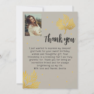 Cartão De Agradecimento Elegant Birthday Gold Foliage Photo