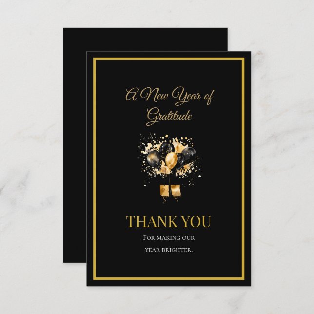 Cartão De Agradecimento Elegant Black And Gold New Year Thank You Card (Frente/Verso)