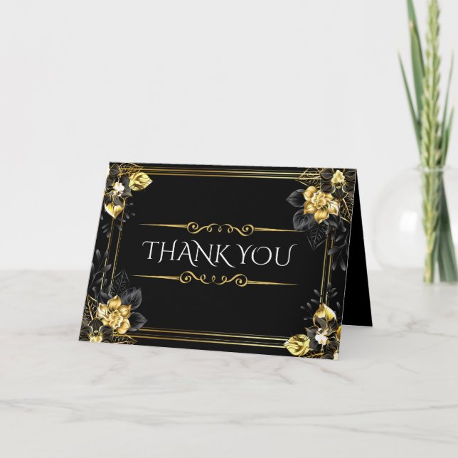 Cartão De Agradecimento Elegant black and gold summer wedding (Frente)