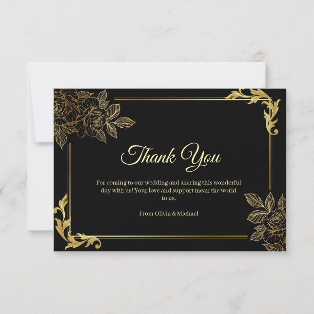 Cartão De Agradecimento Elegant Black and Gold Wedding  (Frente)