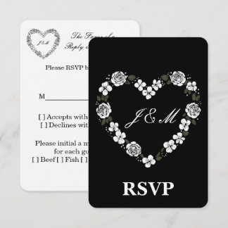 Cartão De Agradecimento Elegant Black and White Floral Heart Wedding RSVP 