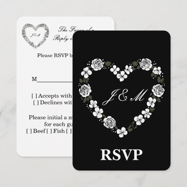 Cartão De Agradecimento Elegant Black and White Floral Heart Wedding RSVP  (Frente/Verso)