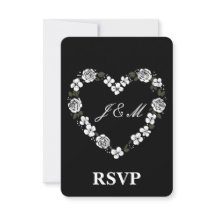 Elegant Black and White Floral Heart Wedding RSVP 