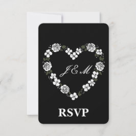 Cartão De Agradecimento Elegant Black and White Floral Heart Wedding RSVP 