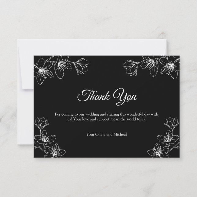 Cartão De Agradecimento Elegant Black Floral Line Art Wedding  (Frente)