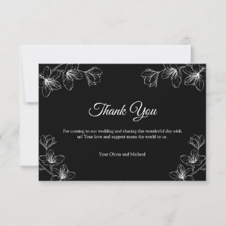 Cartão De Agradecimento Elegant Black Floral Line Art Wedding