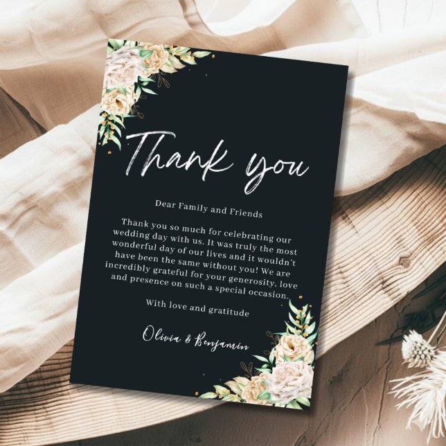 Cartão De Agradecimento Elegant Black Floral Wedding Thank You Card (Criador carregado)