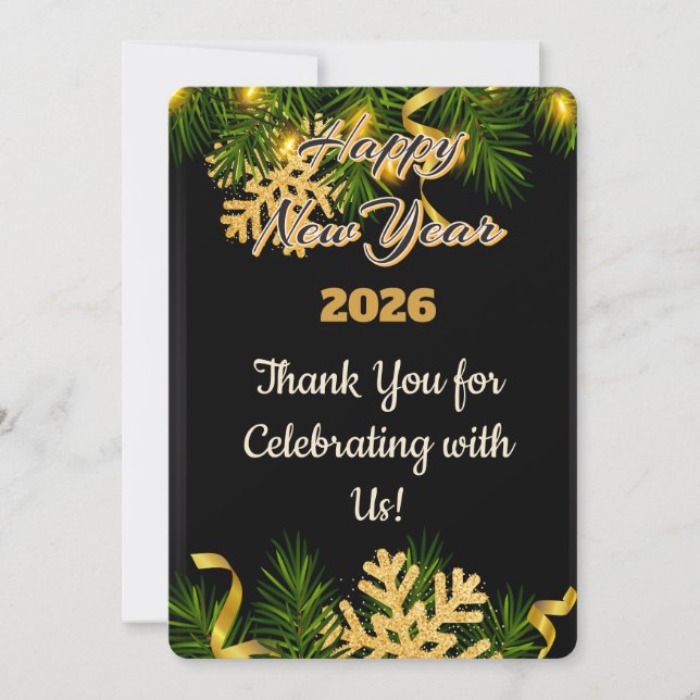 Cartão De Agradecimento Elegant Black & Gold New Year Thank You Card (Frente)