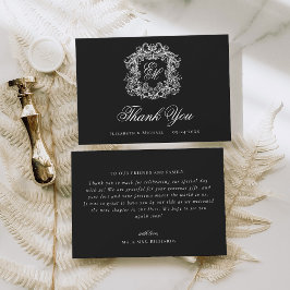Cartão De Agradecimento Elegant Black Monogram Crest Vintage Wedding 