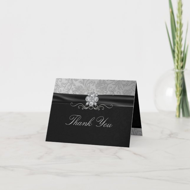 Cartão De Agradecimento Elegant Black & Silver Diamond Thank You card (Frente)