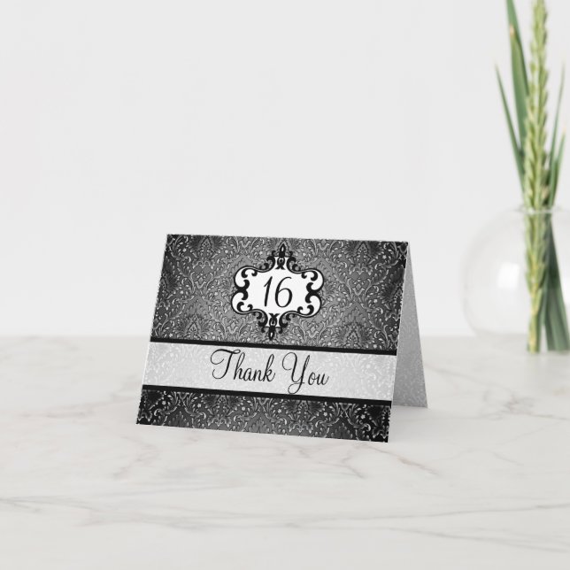 Cartão De Agradecimento Elegant Black & White Chic Damask Thank You card (Frente)