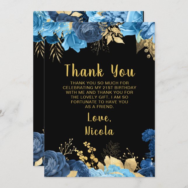 Cartão De Agradecimento Elegant Blue and Gold Flowers Birthday Party (Frente/Verso)