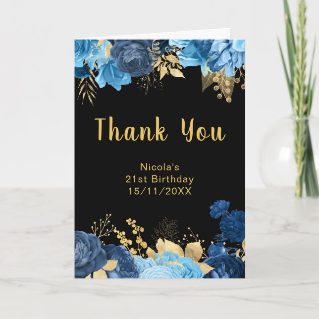 Cartão De Agradecimento Elegant Blue and Gold Flowers Birthday Party (Frente)
