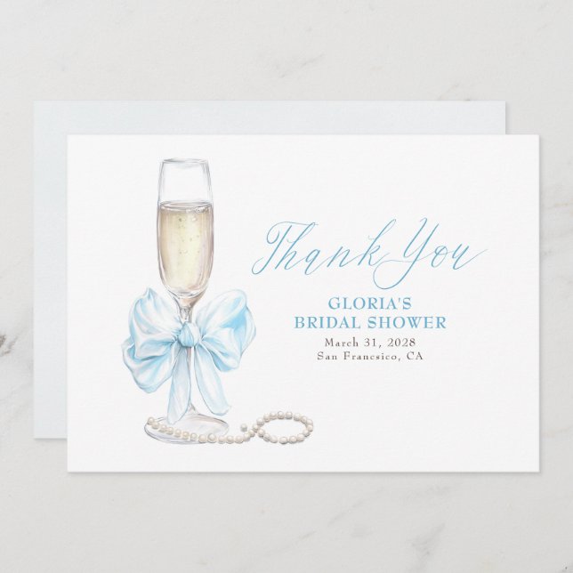 Cartão De Agradecimento Elegant Blue Bow Prosecco Bridal Shower Thank You (Frente/Verso)
