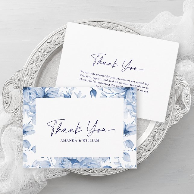 Cartão De Agradecimento Elegant Blue Floral Wedding Thank You Card (Criador carregado)