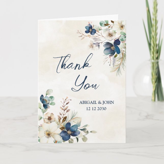 Cartão De Agradecimento Elegant Blue Floral Winter Wedding Thank You Card (Frente)